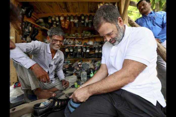 Rahul Gandhi Meets Local Cobbler At Sultanpur, Tries His Hand In Mending Chappal