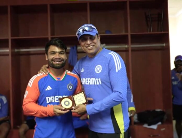 VVS Laxman presents Rinku Singh with 'Fielder of the Series' award after India's 4-1 triumph over Zimbabwe