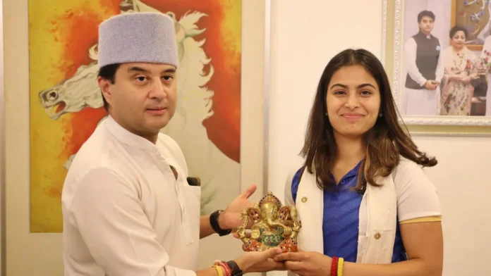 Double Olympic Medallist Manu Bhaker Meets Jyotiraditya Scindia