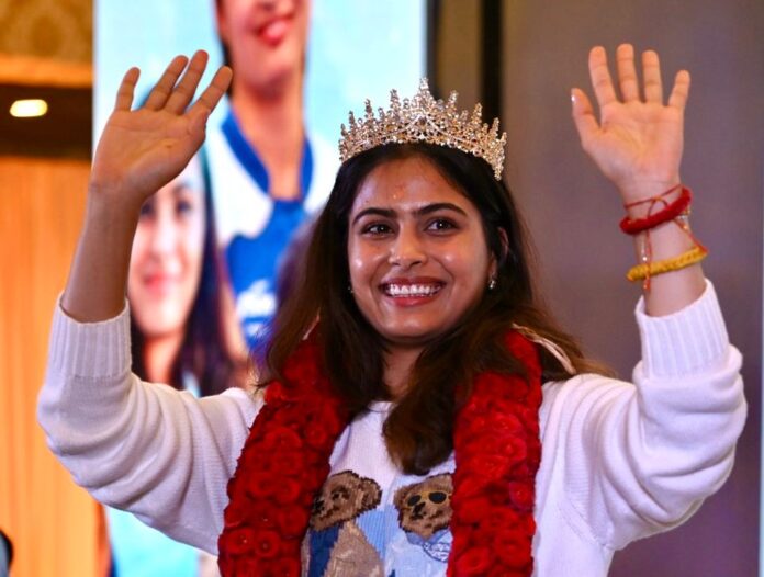 Manu Bhaker celebrates at Velammal's 'Olympic Vision 2032' launch in Chennai