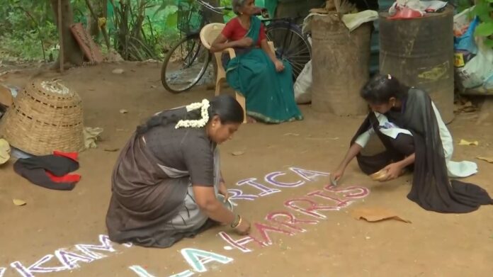 Tamil Nadu: Villagers create Kolam designs for Kamala Harris's victory in US Presidential elections in Tiruvarur