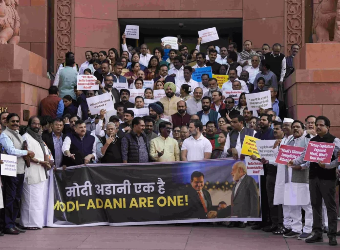 Opposition Protests Over Adani Issue As Giriraj Singh Holds Soros-Sonia Poster, BJP And Congress Clash