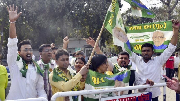 Nitish Kumar’s Rajya Sabha Move Sparks Protest: Janata Dal (United) Workers Gather Outside Patna Residence